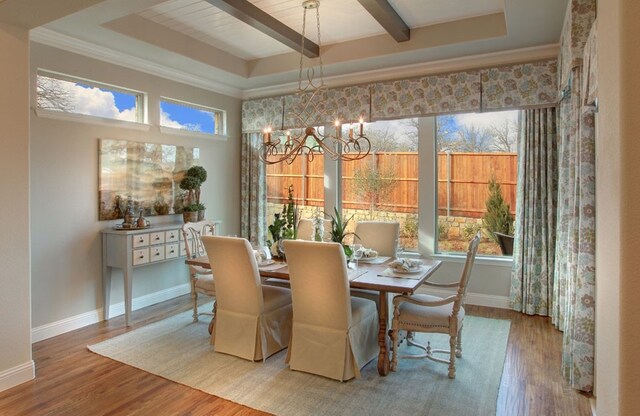 3124 Shaddock Blvd, Rockwall, TX 75032 - dining area with a chandelier, beam ceiling, wood finished floors, and baseboards