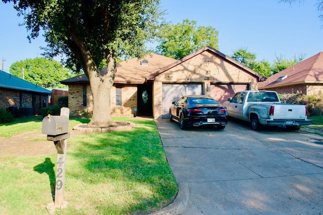 ranch-style house with a front yard and a garage