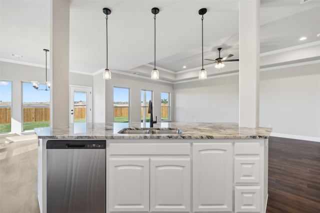 kitchen with dishwasher, sink, dark wood-type flooring, white cabinets, and ceiling fan with notable chandelier