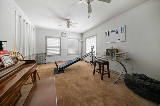 interior space featuring light carpet, crown molding, and ceiling fan