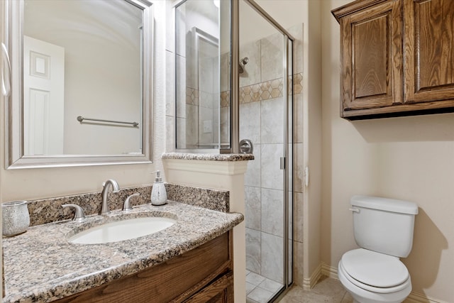 bathroom with vanity, tile patterned floors, toilet, and walk in shower