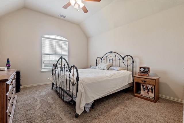 carpeted bedroom with lofted ceiling and ceiling fan