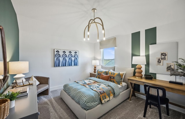 carpeted bedroom featuring an inviting chandelier