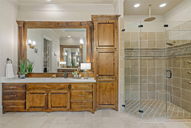 full bath featuring crown molding, vanity, a shower stall, and recessed lighting