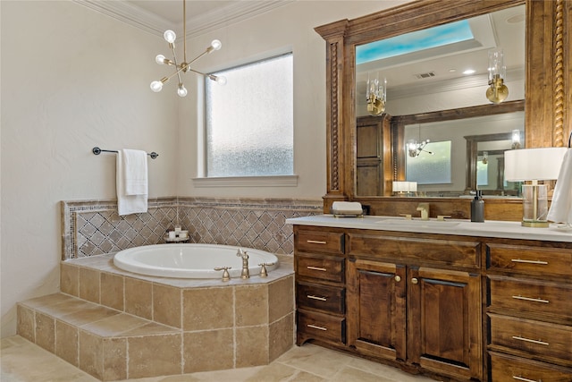 bathroom featuring vanity, a relaxing tiled tub, ornamental molding, and an inviting chandelier