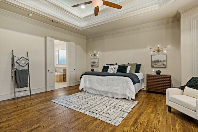 bedroom with dark hardwood / wood-style floors, ensuite bath, ornamental molding, a raised ceiling, and ceiling fan