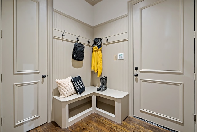 mudroom featuring dark wood-type flooring