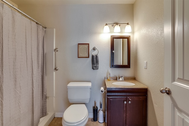 full bathroom with vanity, toilet, tile patterned floors, and shower / bath combo with shower curtain