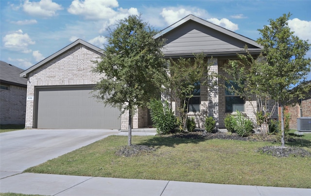 view of front facade featuring cooling unit, a front yard, and a garage