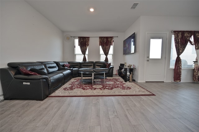 living room featuring light hardwood / wood-style floors and a wealth of natural light