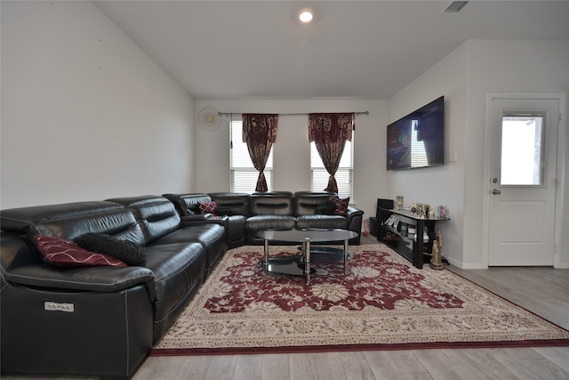 living room featuring lofted ceiling, wood-type flooring, and a wealth of natural light