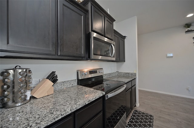 kitchen featuring light hardwood / wood-style floors, light stone countertops, and stainless steel appliances