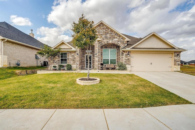 view of front of property with a front yard, cooling unit, and a garage