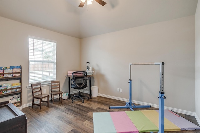 office space with dark hardwood / wood-style floors and ceiling fan