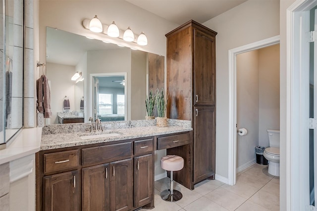 bathroom with vanity, toilet, and tile patterned flooring