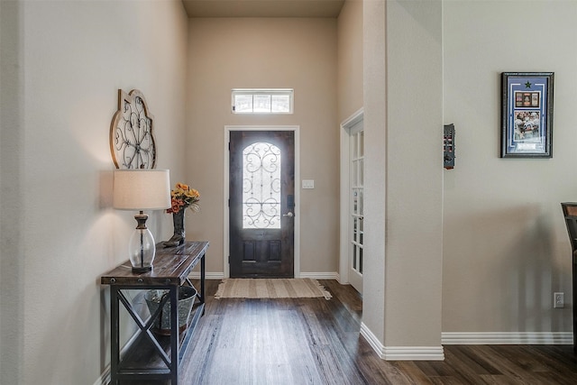 foyer featuring a towering ceiling and dark hardwood / wood-style floors