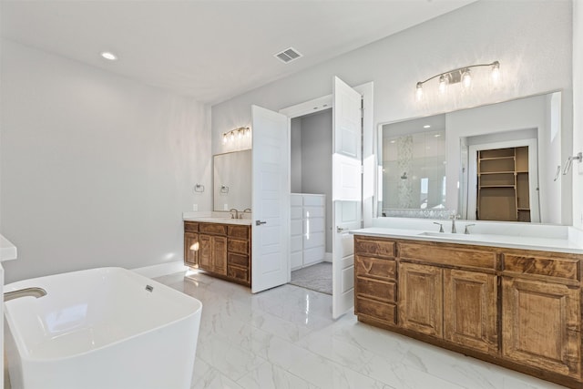 bathroom featuring vanity and independent shower and bath