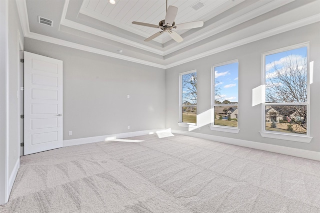 empty room featuring a tray ceiling, ceiling fan, and light colored carpet