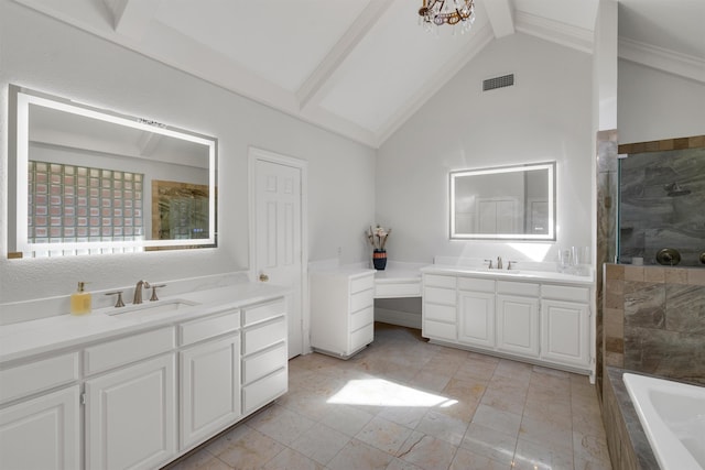 bathroom with vanity, crown molding, separate shower and tub, and vaulted ceiling with beams