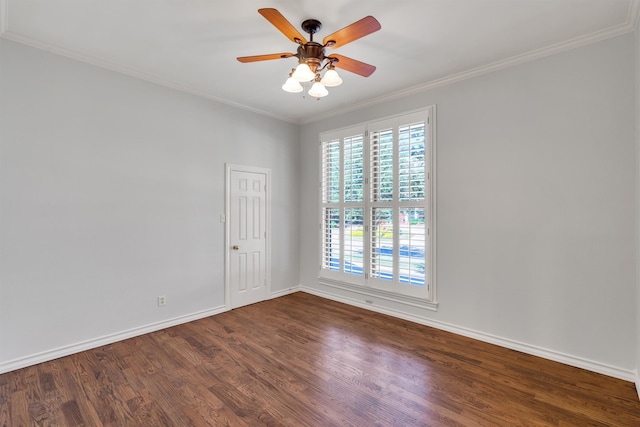 spare room featuring crown molding, wood-type flooring, and ceiling fan