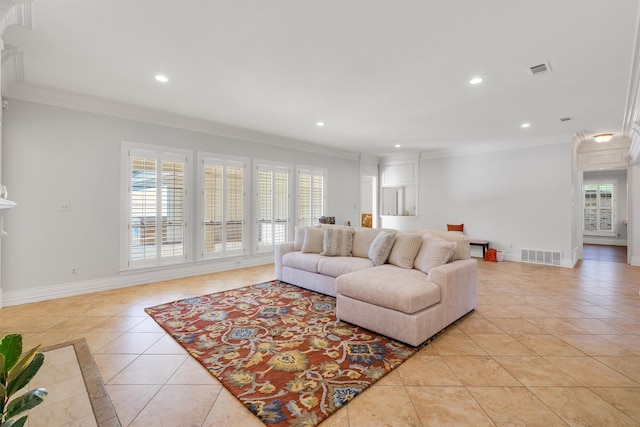 tiled living room with ornamental molding