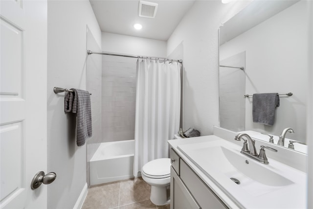 full bathroom with toilet, shower / tub combo, vanity, and tile patterned flooring