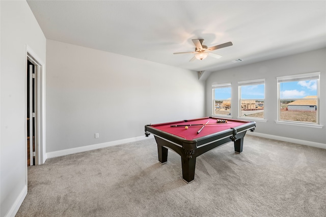 rec room with pool table, light carpet, and ceiling fan