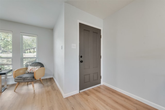 entrance foyer featuring light hardwood / wood-style floors and vaulted ceiling