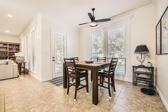 dining room featuring baseboards, recessed lighting, a ceiling fan, crown molding, and light tile patterned floors