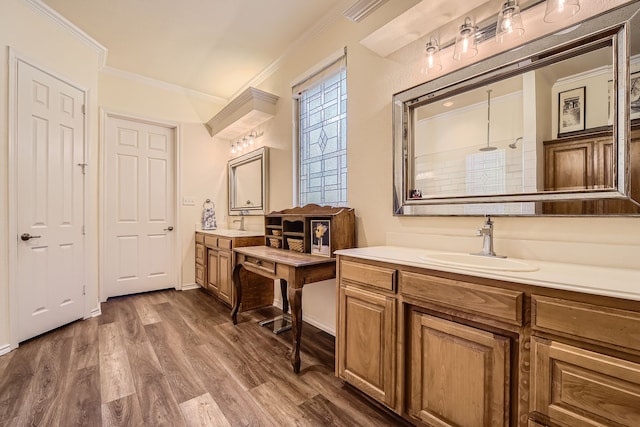 bathroom featuring vanity, ornamental molding, a shower, and wood-type flooring