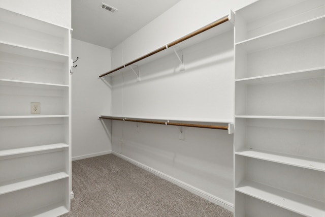 walk in closet with light carpet