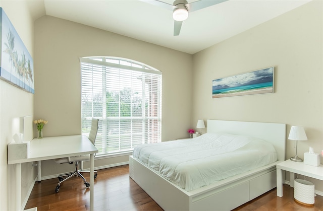 bedroom with ceiling fan, vaulted ceiling, multiple windows, and dark hardwood / wood-style floors