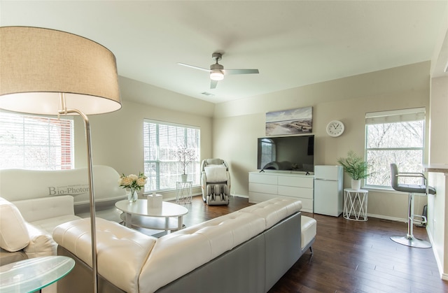 living room featuring dark hardwood / wood-style flooring, ceiling fan, and plenty of natural light