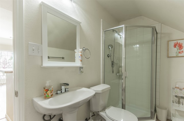 bathroom with sink, toilet, lofted ceiling, and a shower with shower door