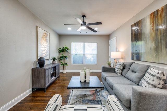 living room featuring ceiling fan and dark hardwood / wood-style flooring