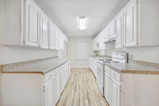 kitchen with light hardwood / wood-style flooring, sink, white electric range, and white cabinets