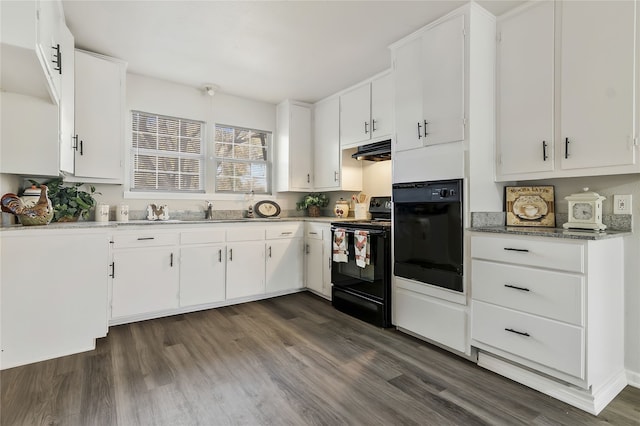 kitchen featuring sink, white cabinetry, black electric range, dark hardwood / wood-style floors, and wall oven