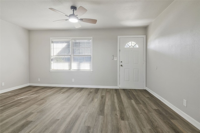 foyer entrance with dark hardwood / wood-style flooring, plenty of natural light, and ceiling fan