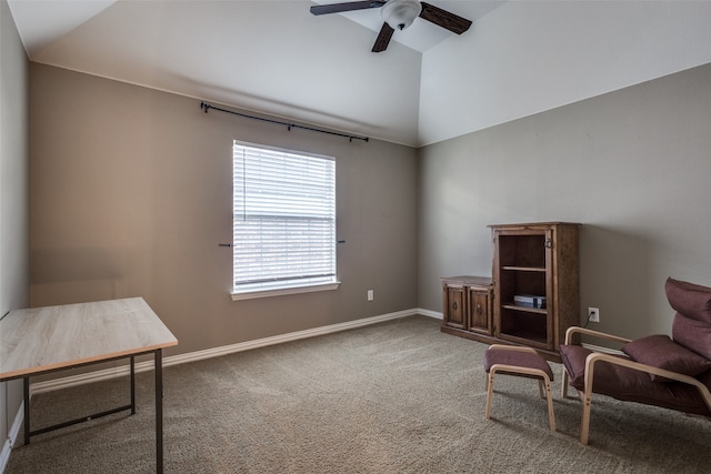 sitting room with carpet flooring, ceiling fan, and vaulted ceiling