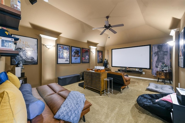 cinema room with carpet flooring, ceiling fan, and lofted ceiling