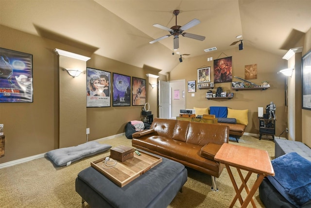 cinema room featuring carpet floors, ceiling fan, and lofted ceiling