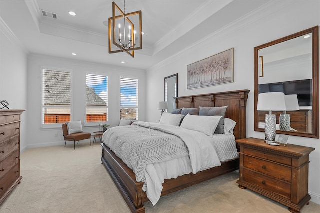 bedroom with crown molding, light carpet, a chandelier, and a raised ceiling