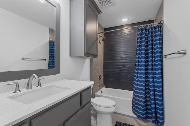 full bathroom with vanity, toilet, and shower / bathtub combination with curtain