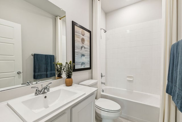 full bathroom featuring toilet, shower / bath combination with curtain, and vanity