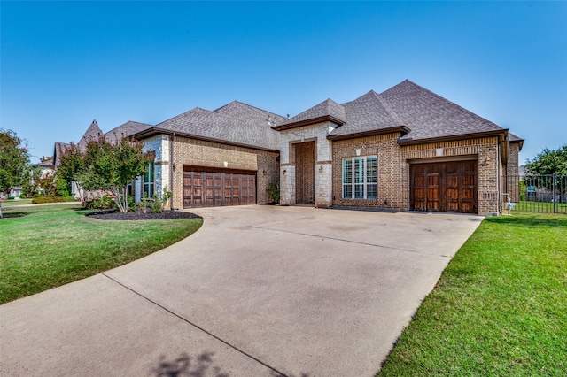 view of front of property with a front lawn and a garage