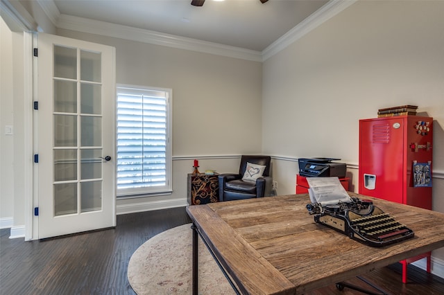 office area featuring crown molding, ceiling fan, and dark wood-type flooring