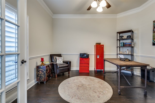 interior space featuring ceiling fan, dark wood-type flooring, and ornamental molding