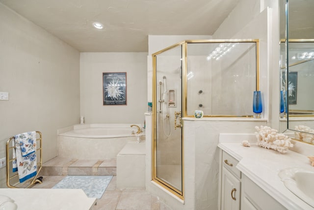 bathroom with vanity, separate shower and tub, and tile patterned flooring