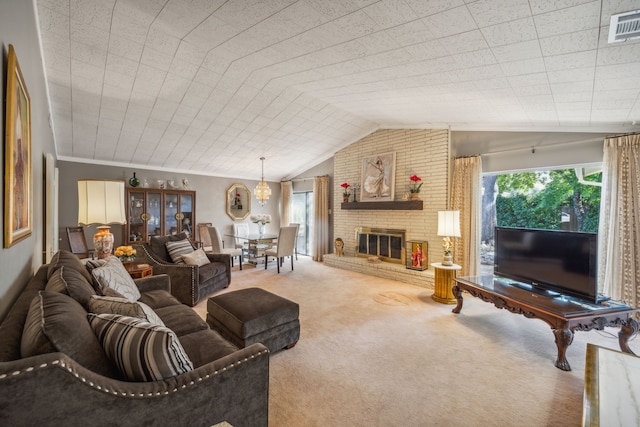 carpeted living room featuring lofted ceiling, a notable chandelier, and a brick fireplace