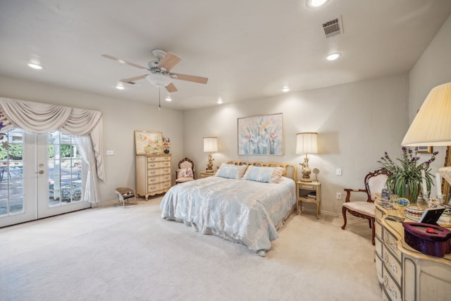 bedroom featuring ceiling fan, light colored carpet, and access to exterior